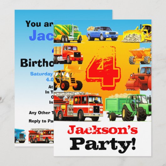 Boys 4th Birthday Construction Trucks Party Kaart (Voorkant / Achterkant)