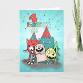Boys 4th Birthday Red en Blue Cartoon Monsters Feestdagen Kaart (Voorkant)