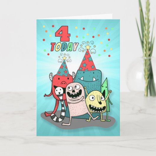 Boys 4th Birthday Red en Blue Cartoon Monsters Feestdagen Kaart (Voorkant)