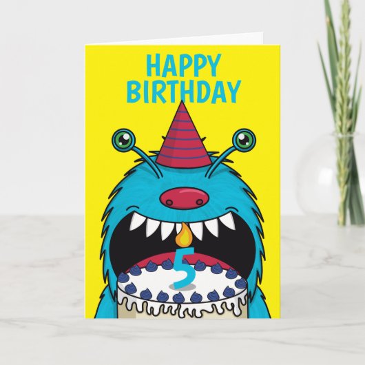 Boys 5th Birthday Blue Monster Cute Kaart (Voorkant)