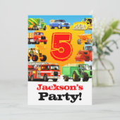 Boys 5th Birthday Construction Trucks Party Kaart (Staand voorkant)