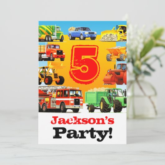 Boys 5th Birthday Construction Trucks Party Kaart (Staand voorkant)