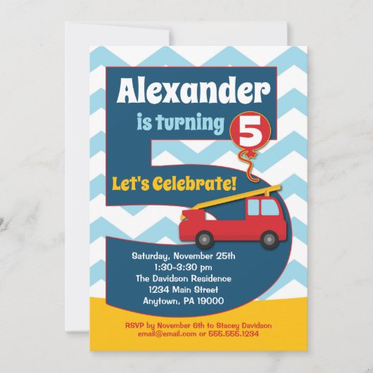 Boys 5th Birthday Invitation Fire Truck Kaart (Voorkant)