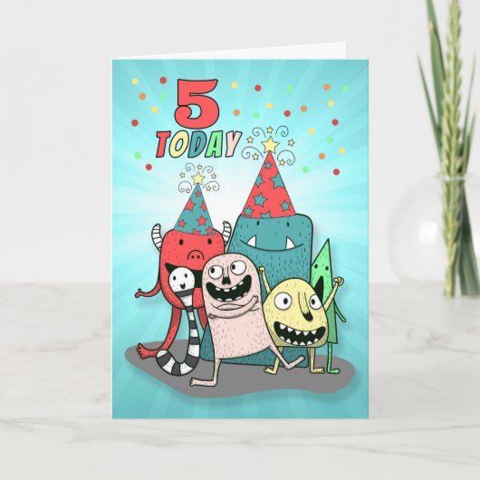 Boys 5th Birthday Red en Blue Cartoon Monsters Feestdagen Kaart (Voorkant)