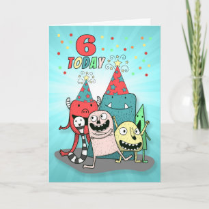 Boys 6th Birthday Red en Blue Cartoon Monsters Kaart