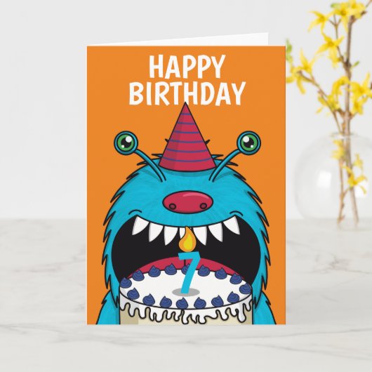 Boys 7th Birthday Blue Monster Cute Kaart (Gele Bloem)