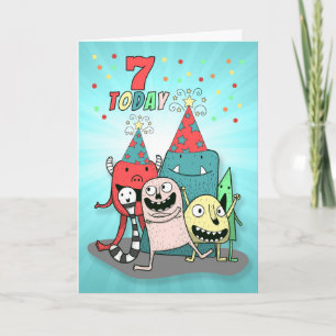 Boys 7th Birthday Red en Blue Cartoon Monsters Feestdagen Kaart