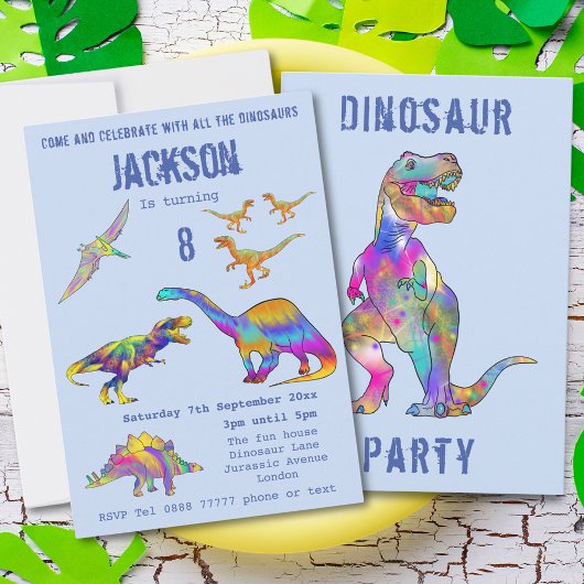 Boys 8th Birthday Dinosaur T Rex Roar Party Blue Kaart
