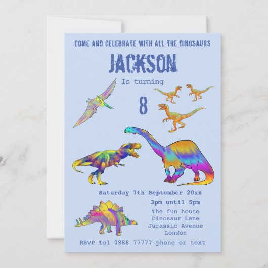 Boys 8th Birthday Dinosaur T Rex Roar Party Blue Kaart (Achterkant)