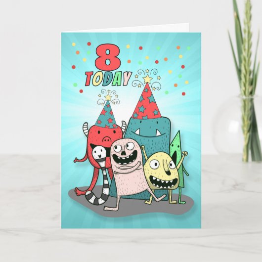Boys 8th Birthday Red en Blue Cartoon Monsters Feestdagen Kaart (Voorkant)