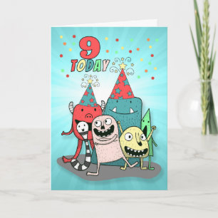 Boys 9th Birthday Red en Blue Cartoon Monsters Feestdagen Kaart