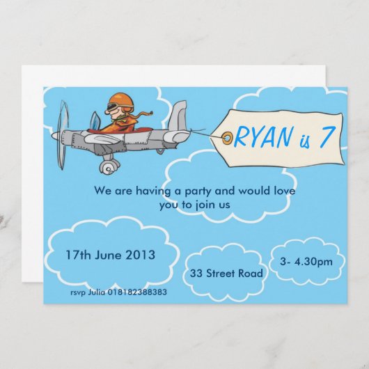 Boys Airplane Birthday Invitation Kaart (Voorkant / Achterkant)