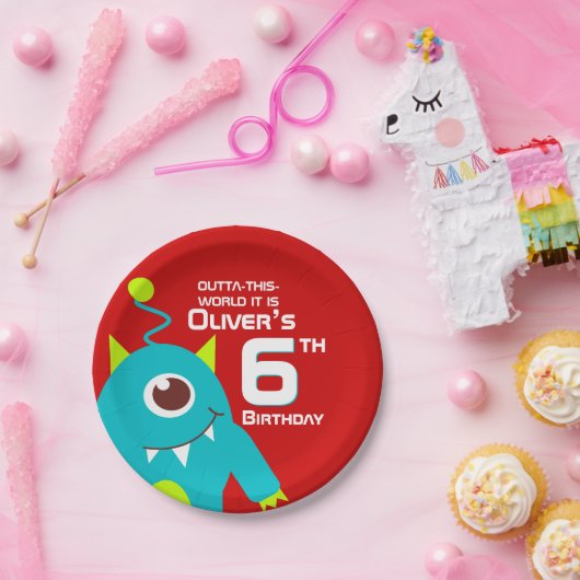 Boys alien 6e verjaardag aangepast bord (Feest)