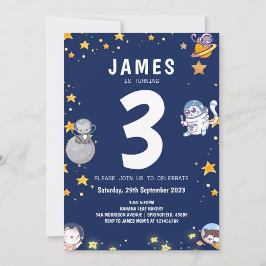 Boys Astronaut Cat Navy Kids Birthday Kaart (Voorkant)