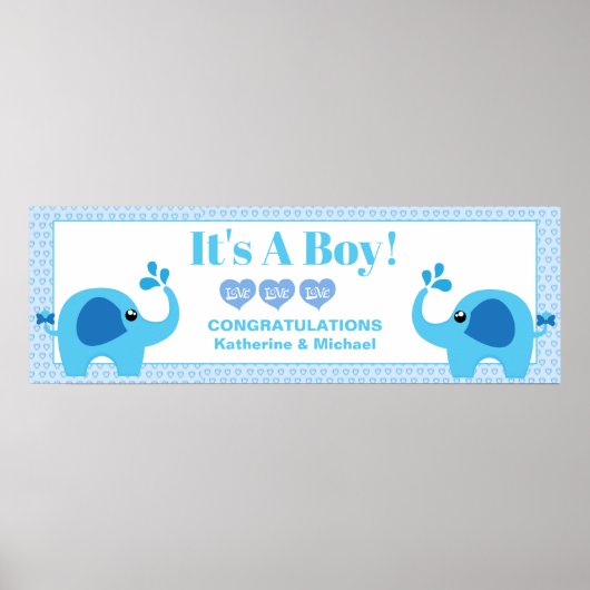 Boys Baby shower Blue Elephant Party Banner Poster (Voorkant)