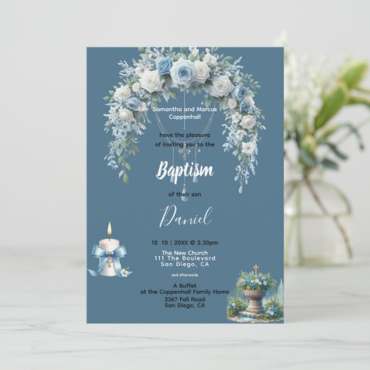 Boy's Baptism Blue Floral Kaart (Staand voorkant)