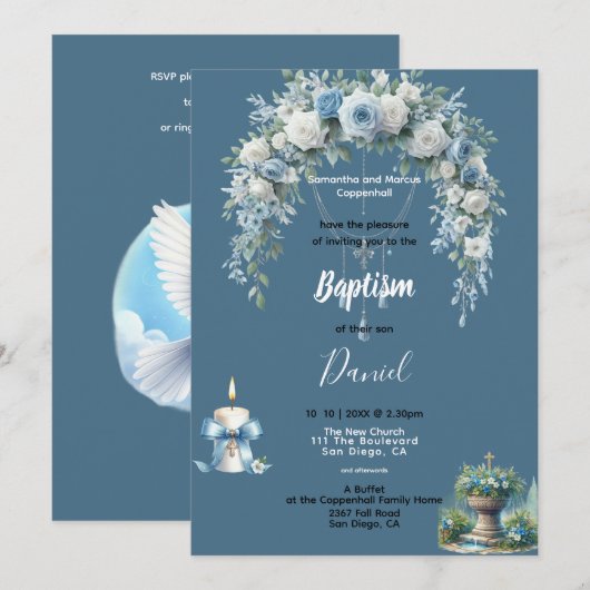 Boy's Baptism Blue Floral Kaart (Voorkant / Achterkant)