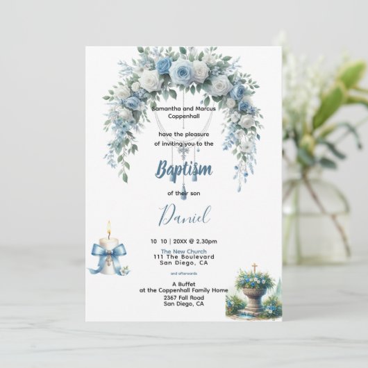Boy's Baptism Blue Floral Kaart (Staand voorkant)