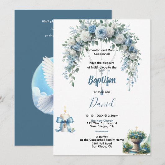 Boy's Baptism Blue Floral Kaart (Voorkant / Achterkant)
