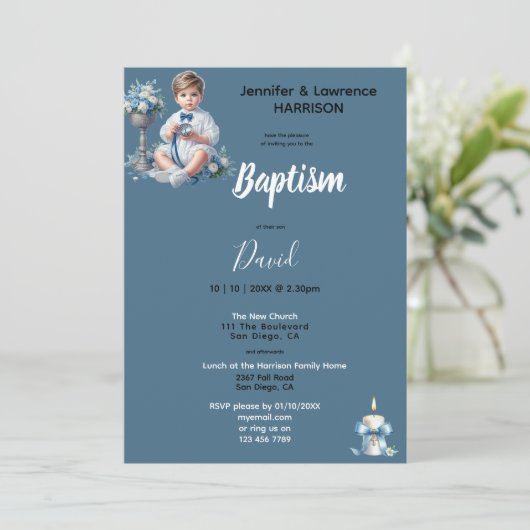 Boy's Baptism Blue Gepersonaliseerd Kaart (Staand voorkant)