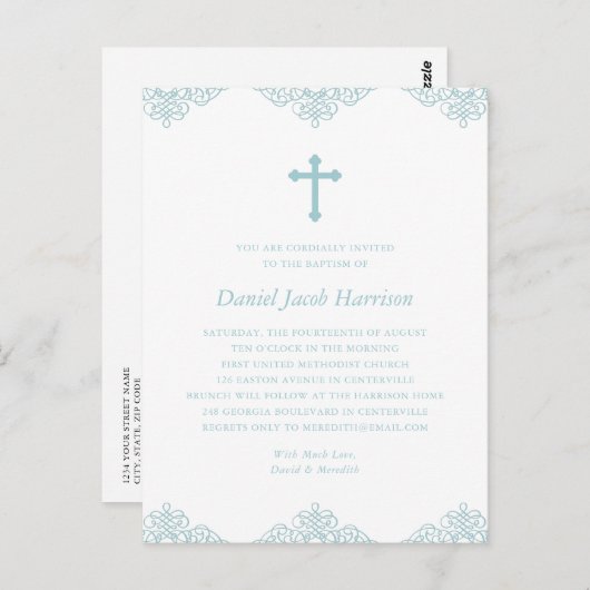Boys Baptism Elegant Blue & White Invitation Briefkaart (Voorkant / Achterkant)