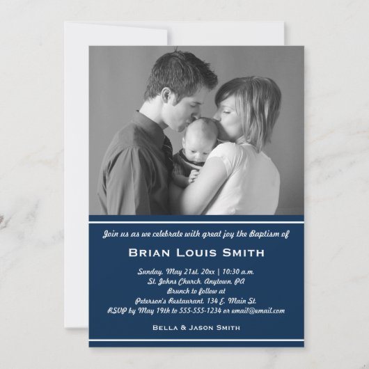 Boys Baptism Photo Invitation - Navy Blue Kaart (Voorkant)