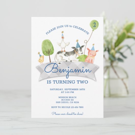 Boys Barnyard First Birthday Invite Kaart (Staand voorkant)