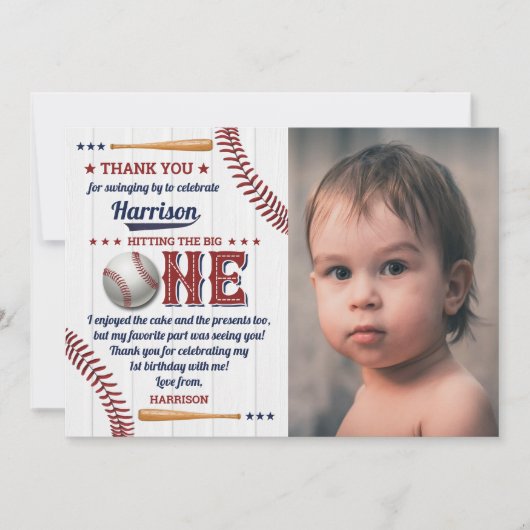 Boys Baseball 1e verjaardag Foto Bedankkaart (Voorkant)