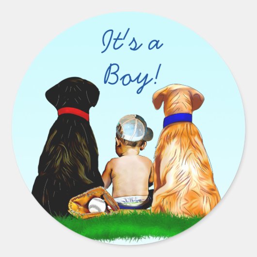 Boy's Baseball en Dogs Theme Baby shower Ronde Sticker (Voorkant)