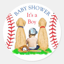 Boy's Baseball Theme Baby shower 2 Labs en Baby Ronde Sticker