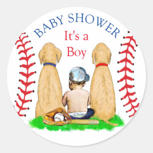 Boy's Baseball Theme Baby shower 2 Labs en Baby Ronde Sticker