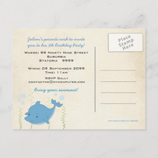 Boys Beach Pool Verjaardagsfeestje Dolfijn Nodig K Uitnodiging Briefkaart (Achterkant)