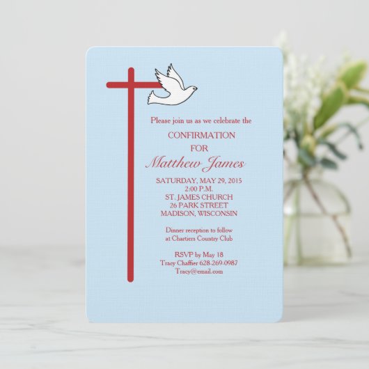 Boy's bevestiging Spirit Cross op blauwe uitnodigi Kaart (Staand voorkant)