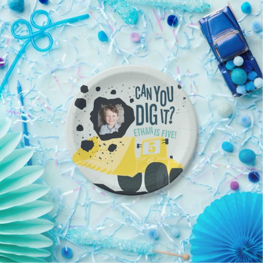 Boys Birthday Construction Truck Blue Yellow Papieren Bordje (Feest)