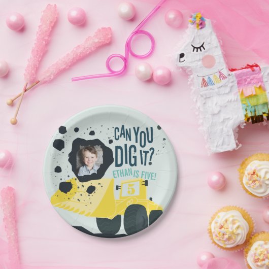 Boys Birthday Construction Truck Blue Yellow Papieren Bordje (Feest)