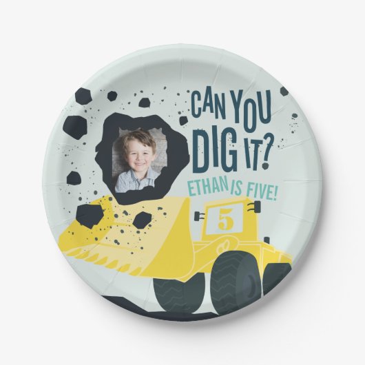 Boys Birthday Construction Truck Blue Yellow Papieren Bordje (Voorkant)