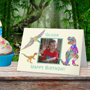 Boys Birthday Dinosaur Colorful T Rex Voeg foto to Kaart
