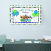 Boy's Birthday Fox, wasbeer en Beer Cupcakes Spandoek (Beurs)