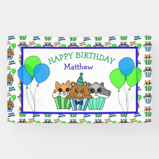 Boy's Birthday Fox, wasbeer en Beer Cupcakes Spandoek (Horizontaal)