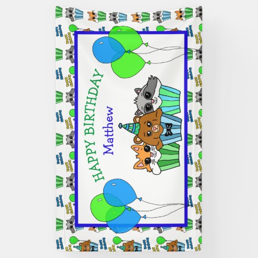 Boy's Birthday Fox, wasbeer en Beer Cupcakes Spandoek (Verticaal)