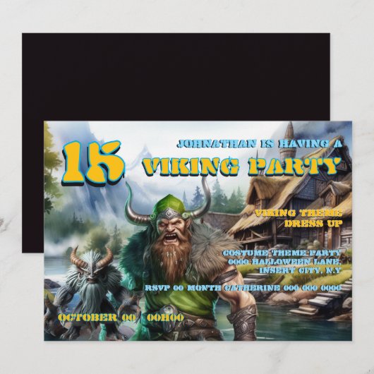 Boys Birthday Invitation 8–16 | Viking Warrior Kaart (Voorkant / Achterkant)