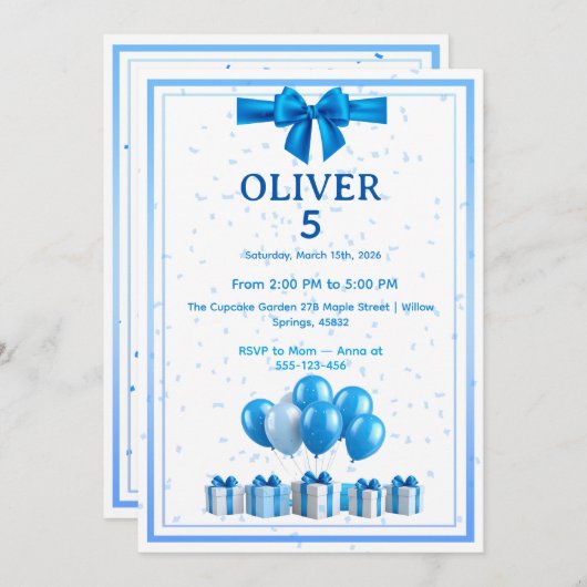 Boys Birthday Invitation - Gift Boxes & Confetti Kaart (Voorkant / Achterkant)