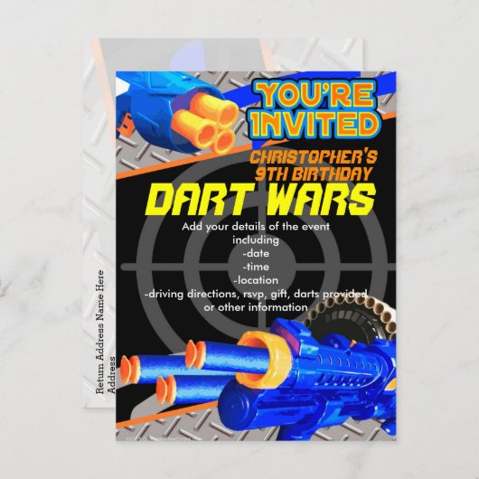 Boys Birthday Party Dart Wars Laser Label Foam Dec Uitnodiging Briefkaart (Voorkant / Achterkant)