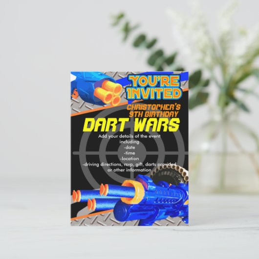 Boys Birthday Party Dart Wars Laser Label Foam Dec Uitnodiging Briefkaart (Staand voorkant)