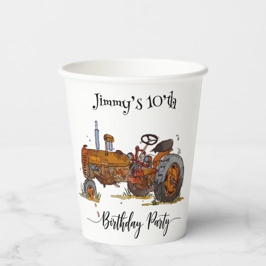 Boys birthday party with antique tractor design papieren bekers (Achterkant)