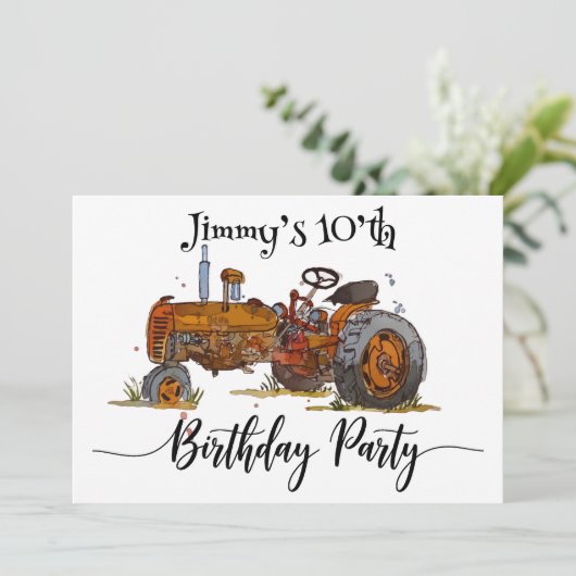 Boys birthday party with antique tractor design save the date (Staand voorkant)