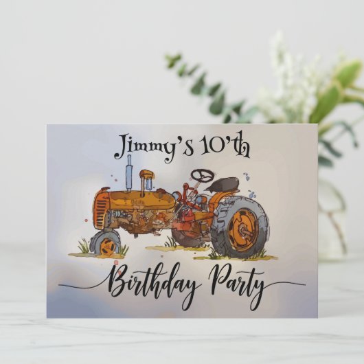 Boys birthday party with antique tractor design save the date (Staand voorkant)