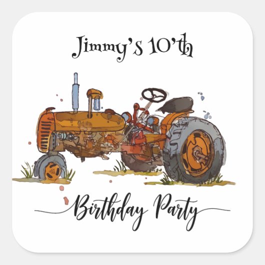 Boys birthday party with antique tractor design vierkante sticker (Voorkant)