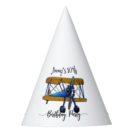 Boys birthday party with blue and yellow biplane feesthoedjes (Voorkant)