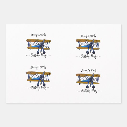 Boys birthday party with blue and yellow biplane inpakpapier vel (Voorkant 3)